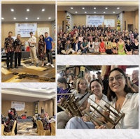 a collage of pictures of people holding wooden instruments