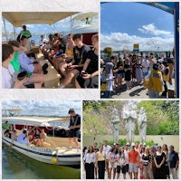 a collage of people on a boat with statues in the background