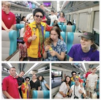 a collage of photos of people on a train