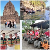 a collage of photos of people riding atvs